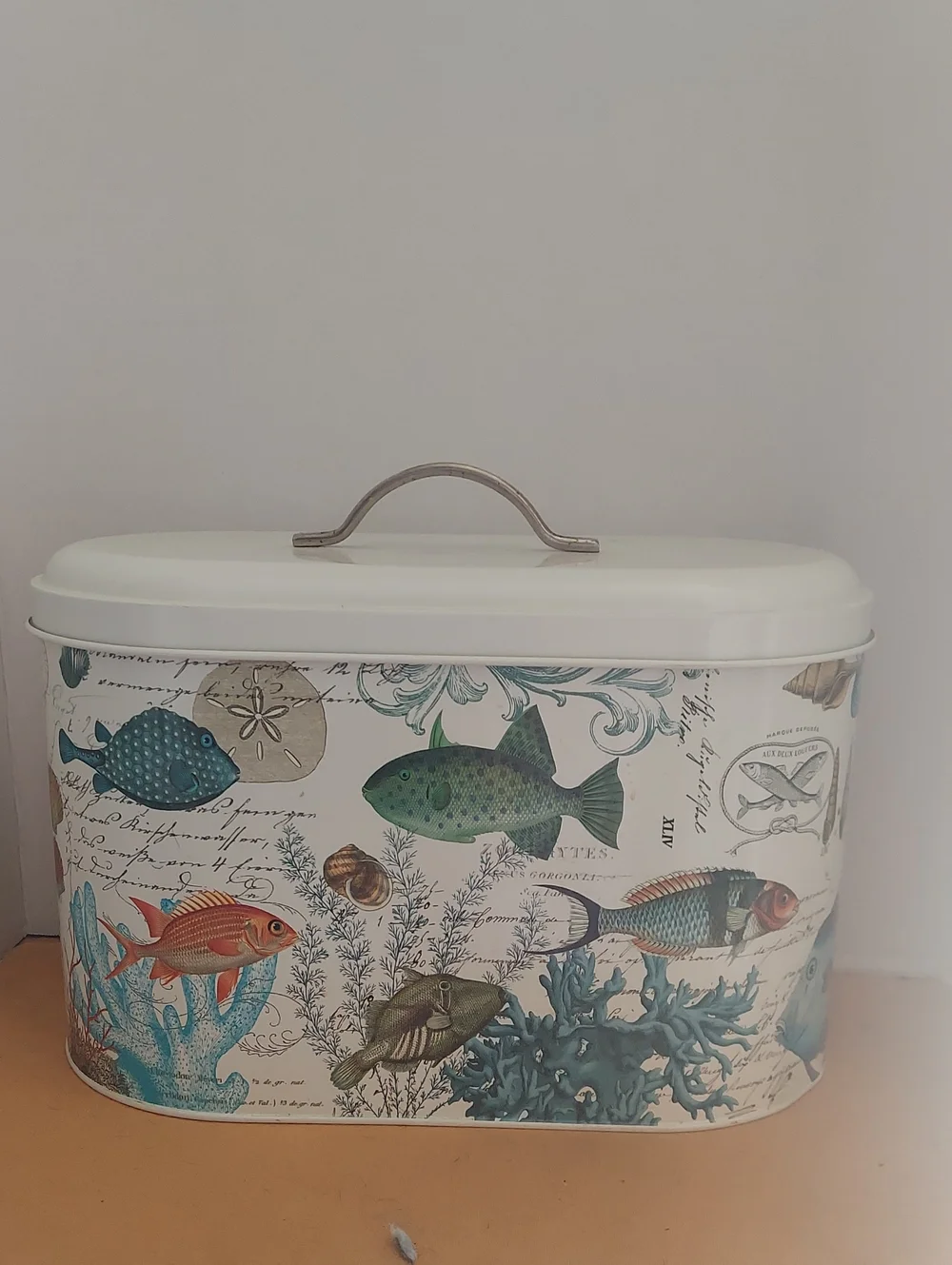 Decorative Fish-Print Tin Storage Box in White and Teal